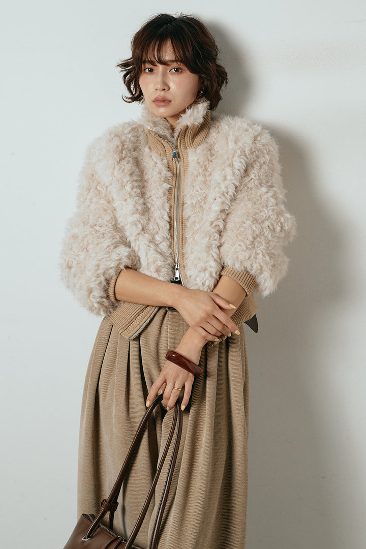 [SET]ハイネックショート丈ボアジップブルゾン+ベルトループコーデュロイワイドパンツ(2set)