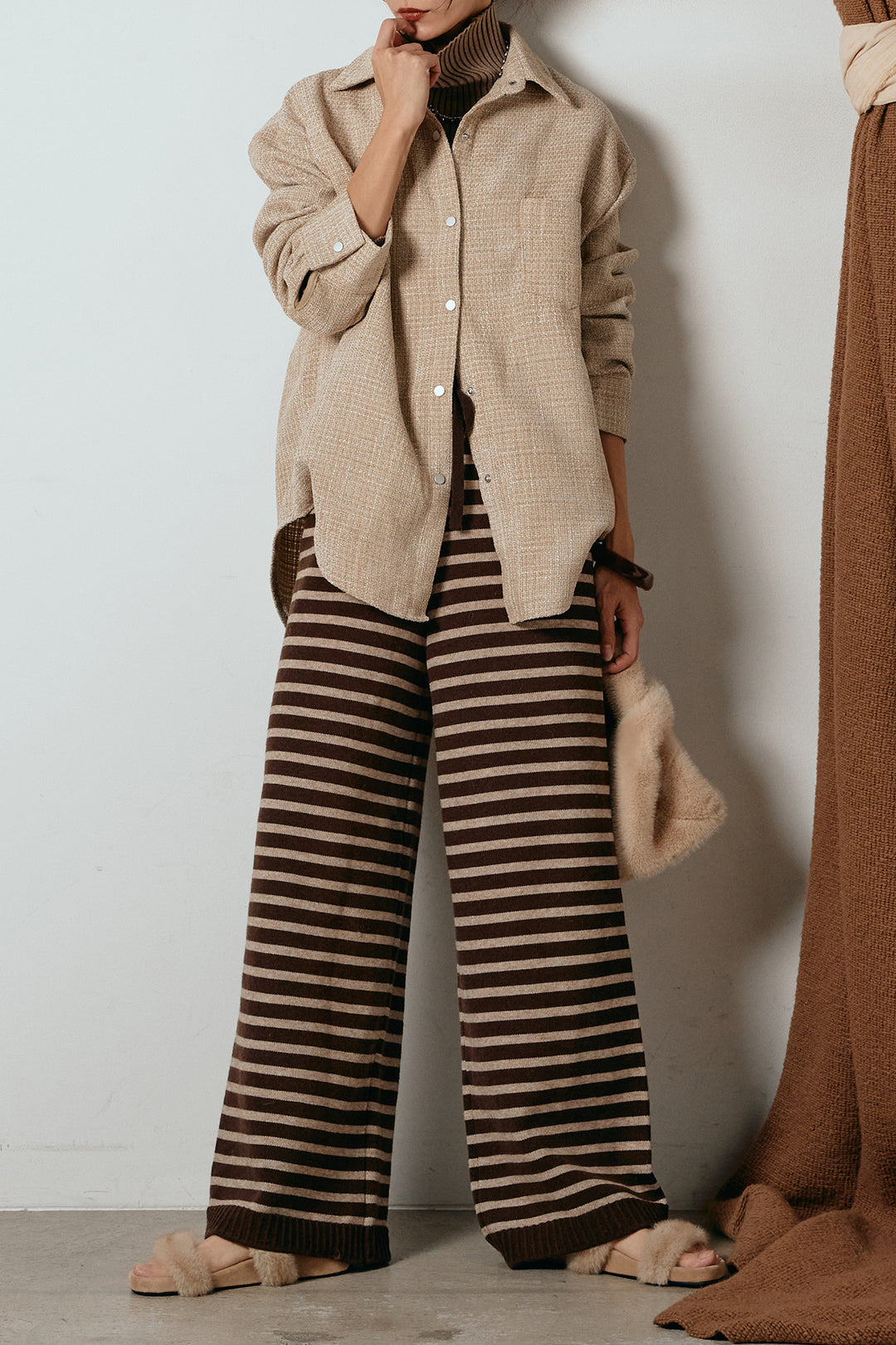 [SET]ルーズクラッシュツイルシャツ+ボーダーリラックスニットパンツ(2set)