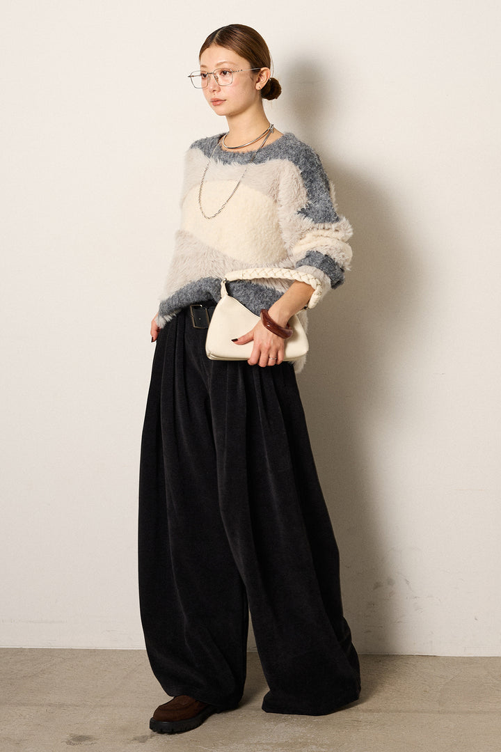 [SET]シャギーウェーブ柄クルーネックニットトップス+ベルトループコーデュロイワイドパンツ(2set)