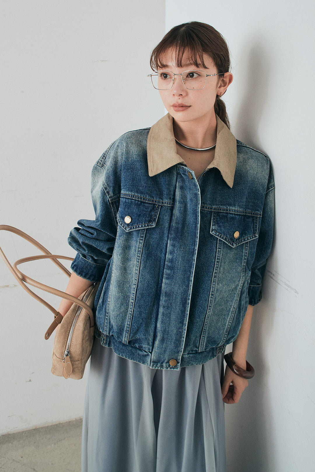 [SET]襟切り替えジップデニムジャケット+リラックスシアーフレアスカート(2set)