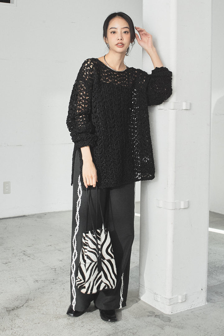 [SET]リラックスメッシュニットトップス+刺繡テープラインパンツ(2set)