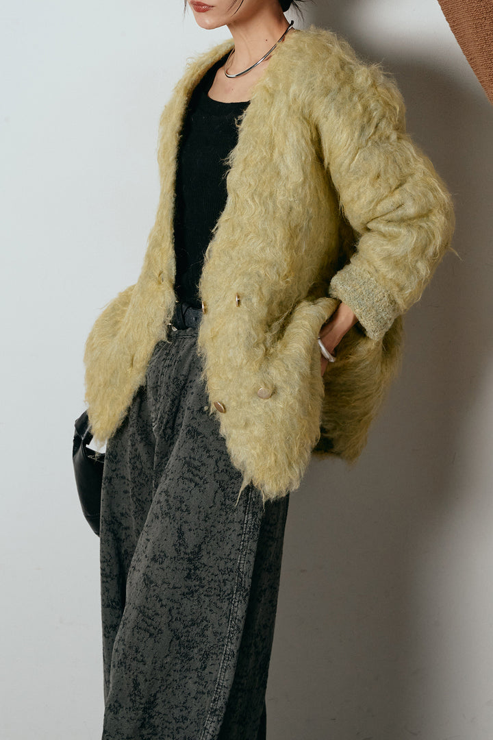 [SET]ウェーブシャギーニットジャケット+ベルト付きニュアンス柄カーブワイドパンツ(2set)