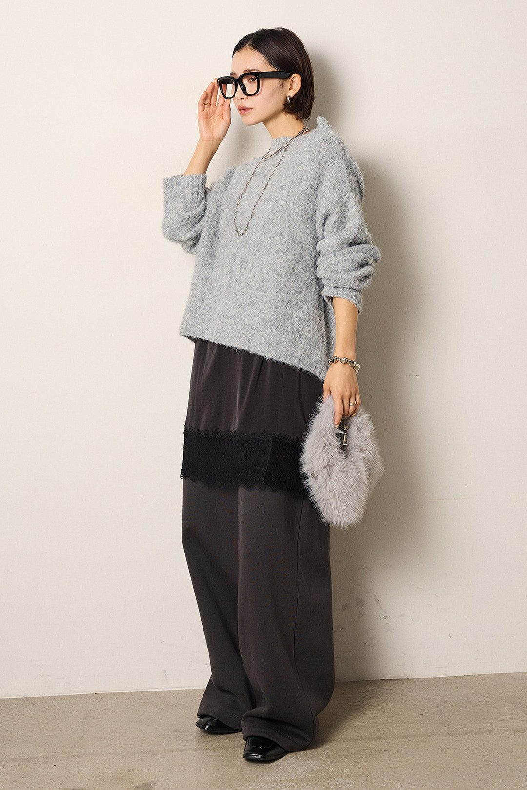 [SET]アルパカタッチオフショルニット+レース切り替えキャミソール+裏起毛スウェットワイドパンツ(3set)