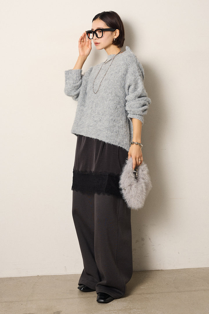 [SET]アルパカタッチオフショルニット+裏起毛スウェットワイドパンツ(2set)