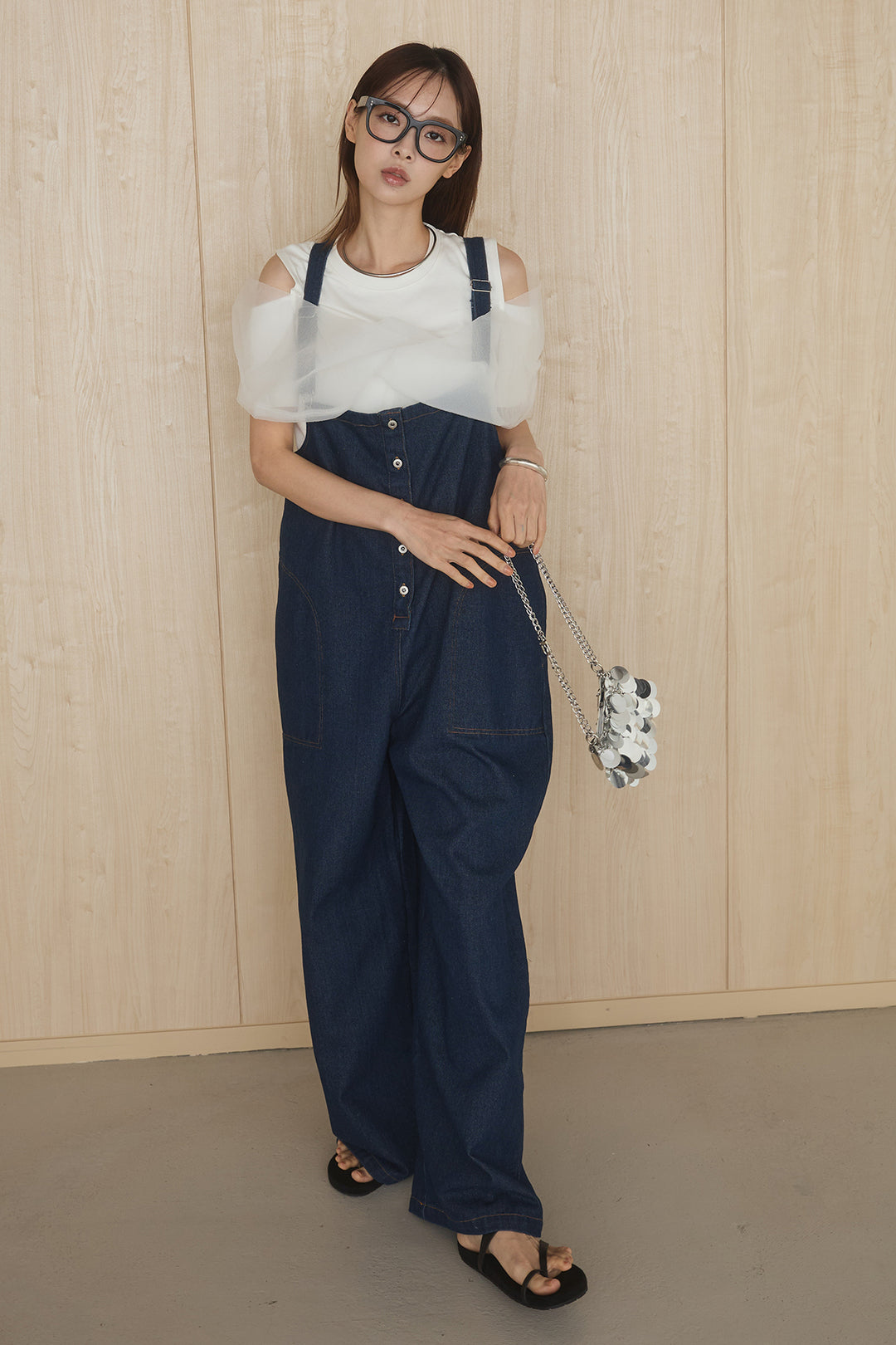 [SET]シアーレイヤーデザインカットソー+フロントボタンデニムサロペット(2set)