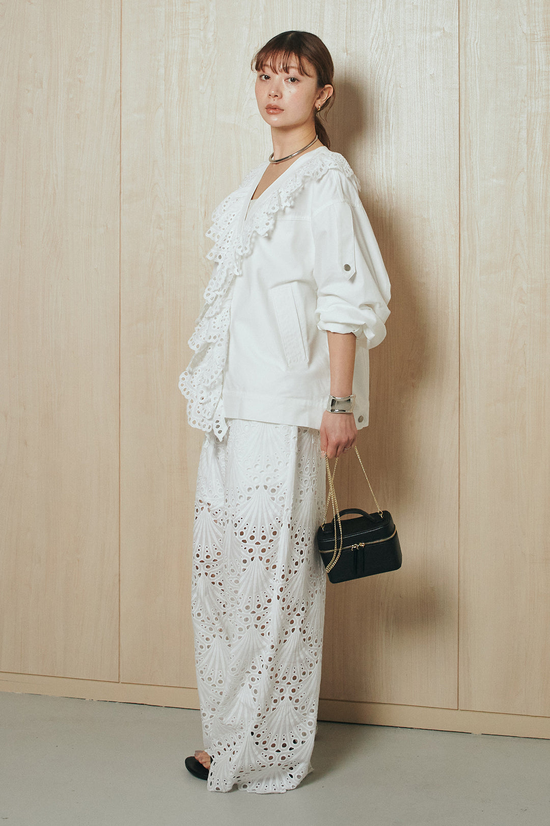 [SET]レースフリルドッキングアウター+レース刺繍リラックスパンツ(2set)