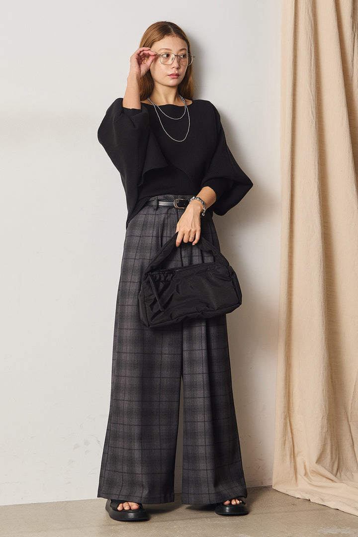 [SET]タンク付きクロスデザインニットプルオーバー+タック入りタータンチェックワイドパンツ(2set)