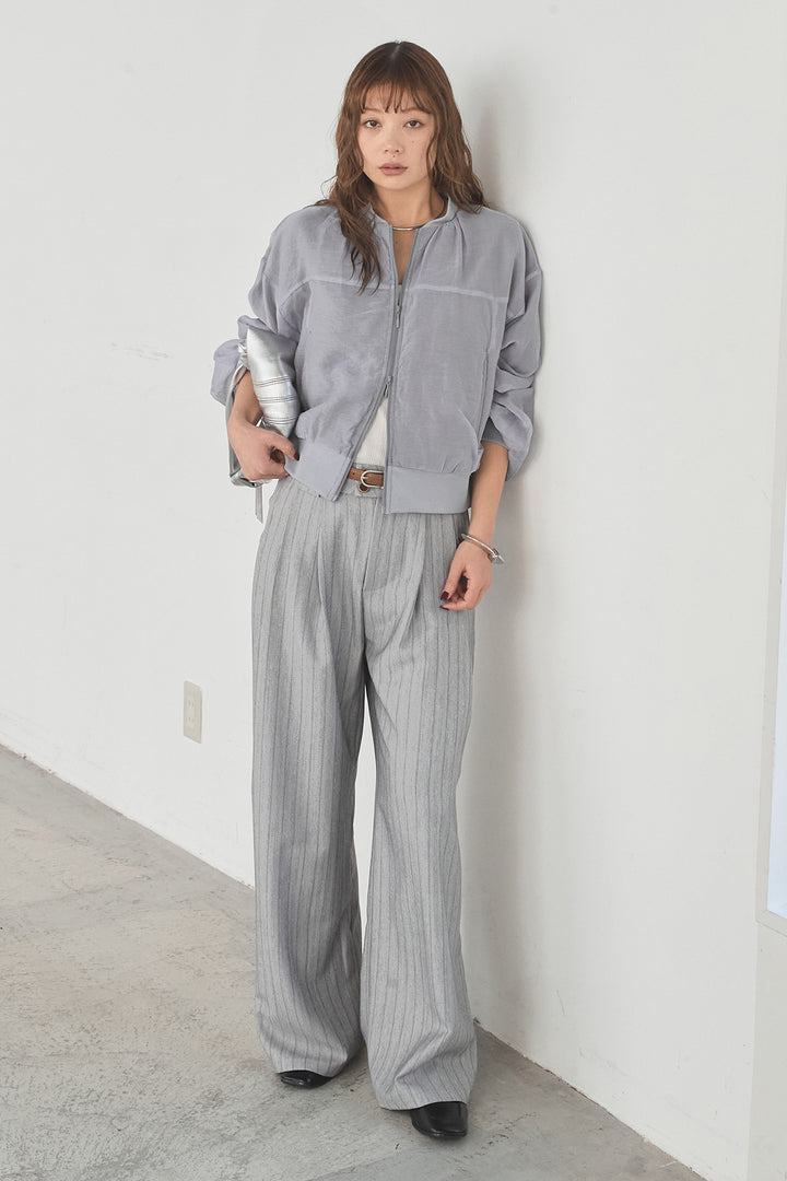 [SET]シアー×ポンチブルゾン+細ベルト付きピンストライプワイドパンツ(2set)
