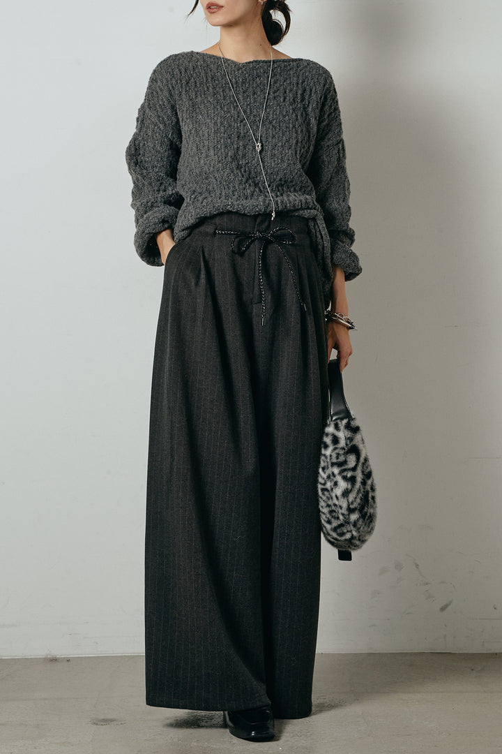 [SET]ボリューム編みニットプルオーバー+編みベルト付きピンストライプワイドパンツ(2set)