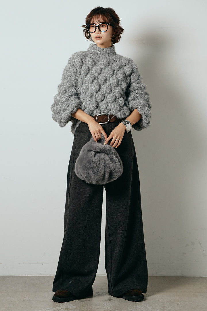 [SET]ボリュームポップコーンニットトップス+編みベルト付きワイドパンツ(2set)