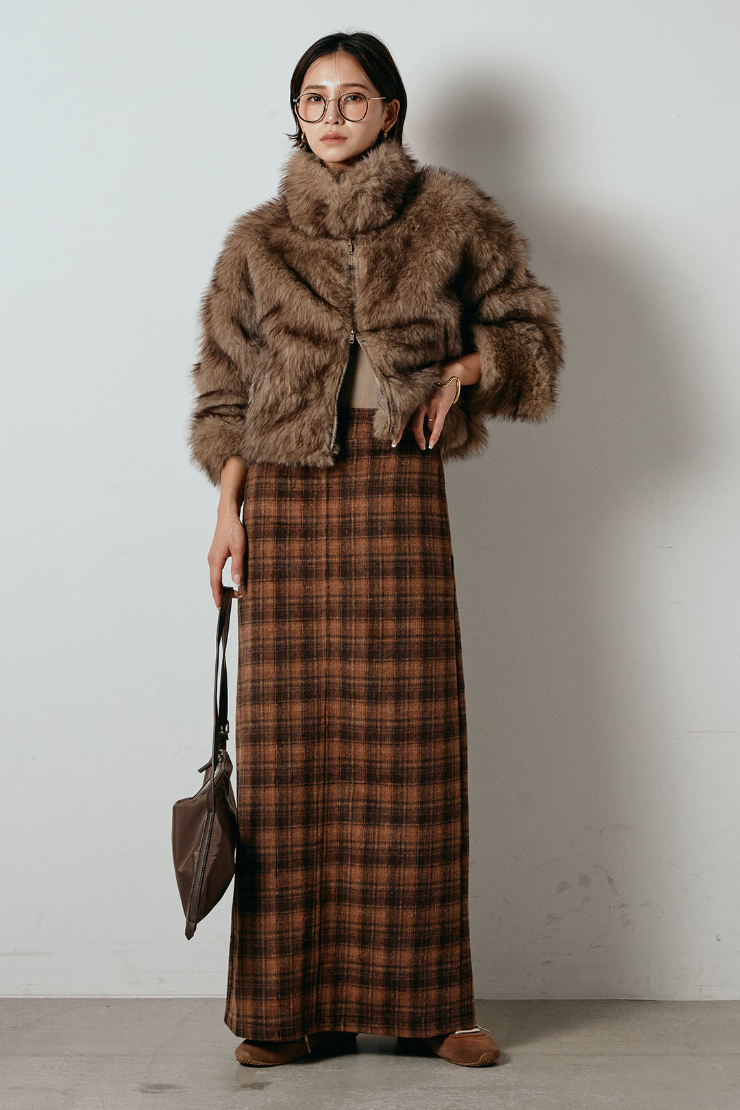 [SET]エコファーショート丈ブルゾン+シャギーチェックストレートスカート(2set)