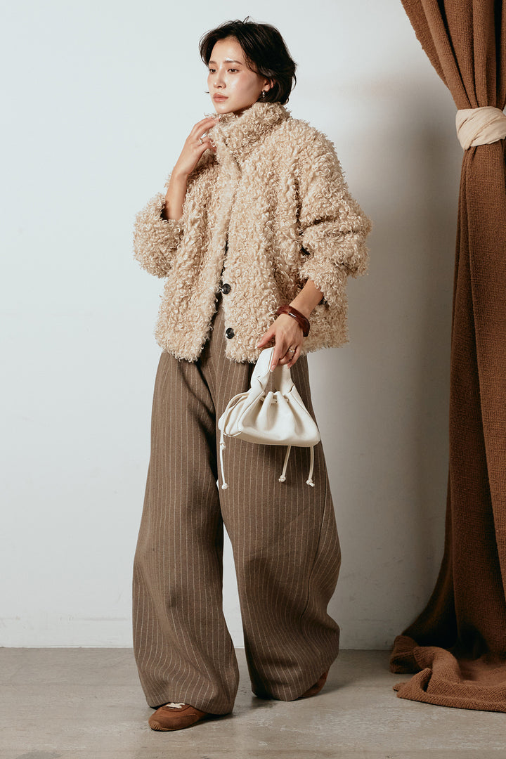 [SET]プードルファーミドルジャケット+ウールライクストライプパンツ(2set)