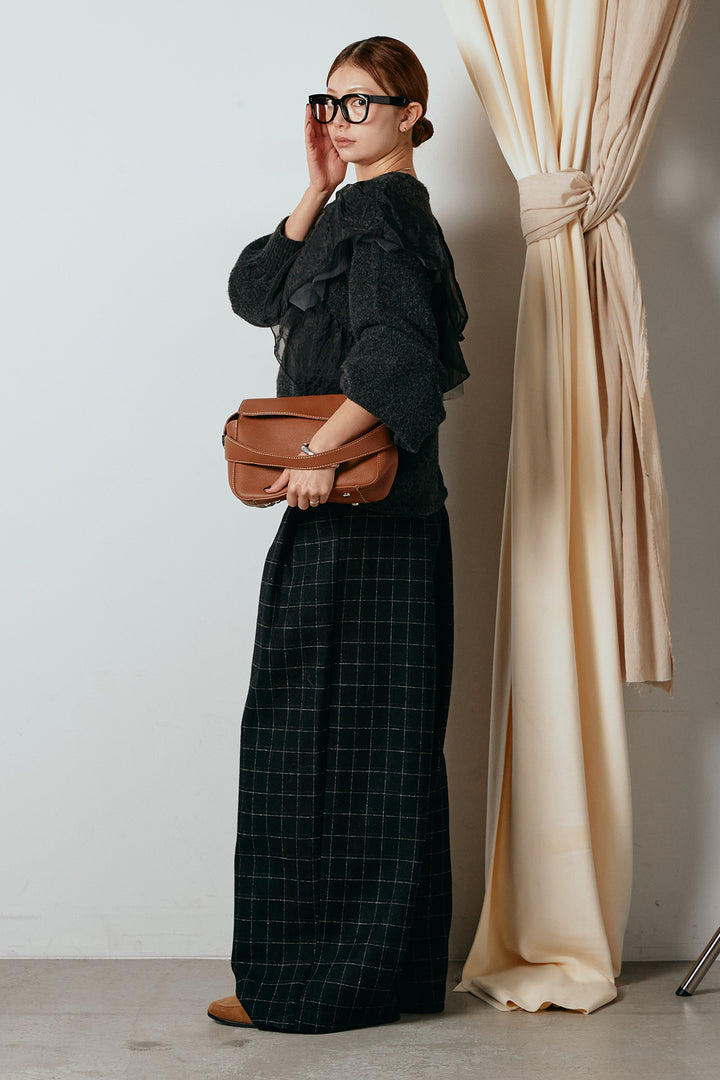 [SET]アシンメトリーフリルニットトップス+ウールライクチェックタックパンツ(2set)