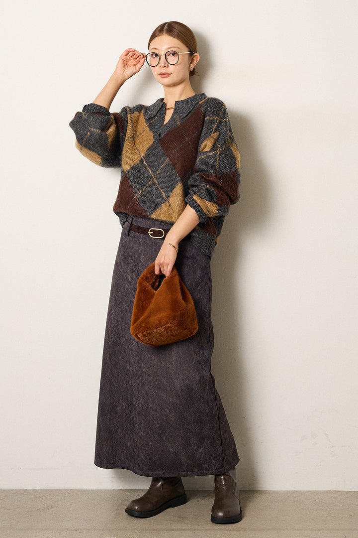 [SET]アクリルモヘアアーガイルキーネックプルオーバー+ロープベルト付きスウェード調スカート(2set)