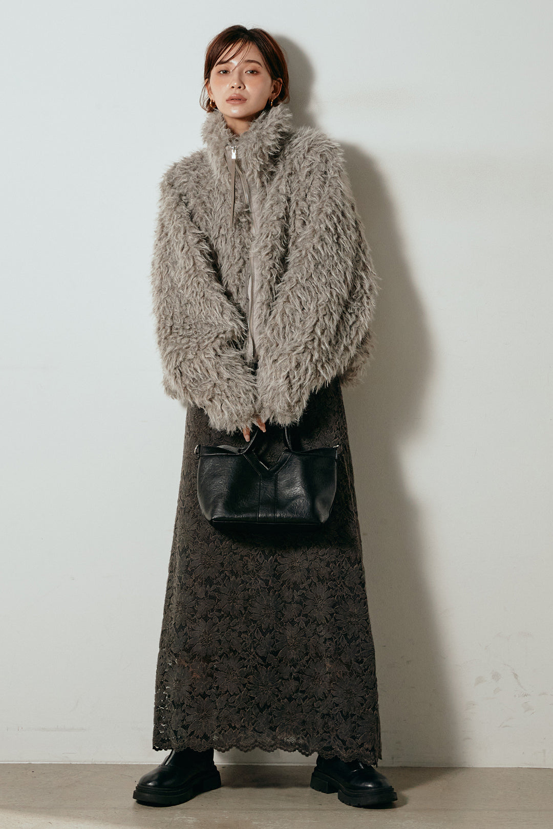 [SET]ミックスシープファースタンドブルゾン+花柄刺繍ベロアフレアスカート(2set)