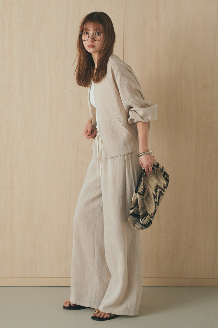 [SET]麻混ノーカラーブルゾン+麻混ウエストドロストパンツ(2set)