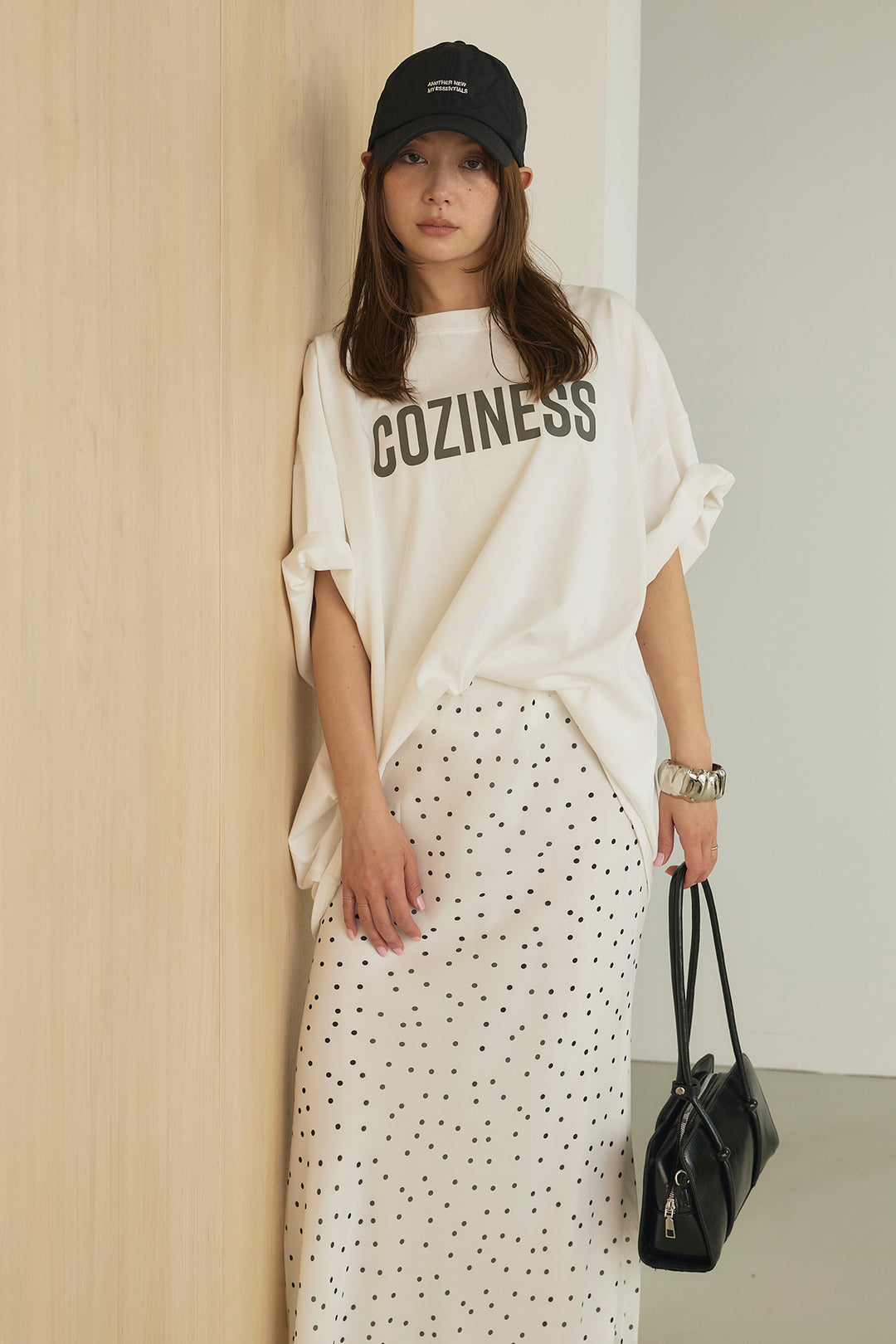 [SET]プリントロゴチュニックTシャツ+ドットサテンナロースカート(2set)