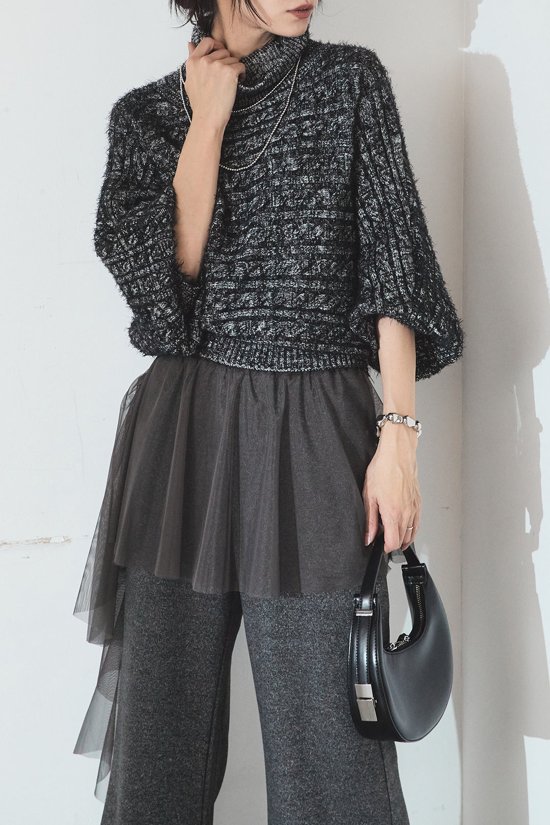 [SET]ミックス編みドルマンニットトップス+チュールレイヤードニットパンツ(2set)