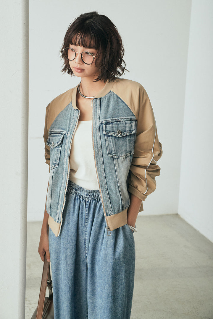 [SET]ナイロンデニムドッキングブルゾン+テンセルデニムイージーワイドパンツ(2set)