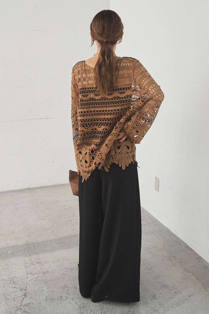 [SET]裾デザインメッシュプルオーバー+ベルト付きツータックワイドパンツ(2set)