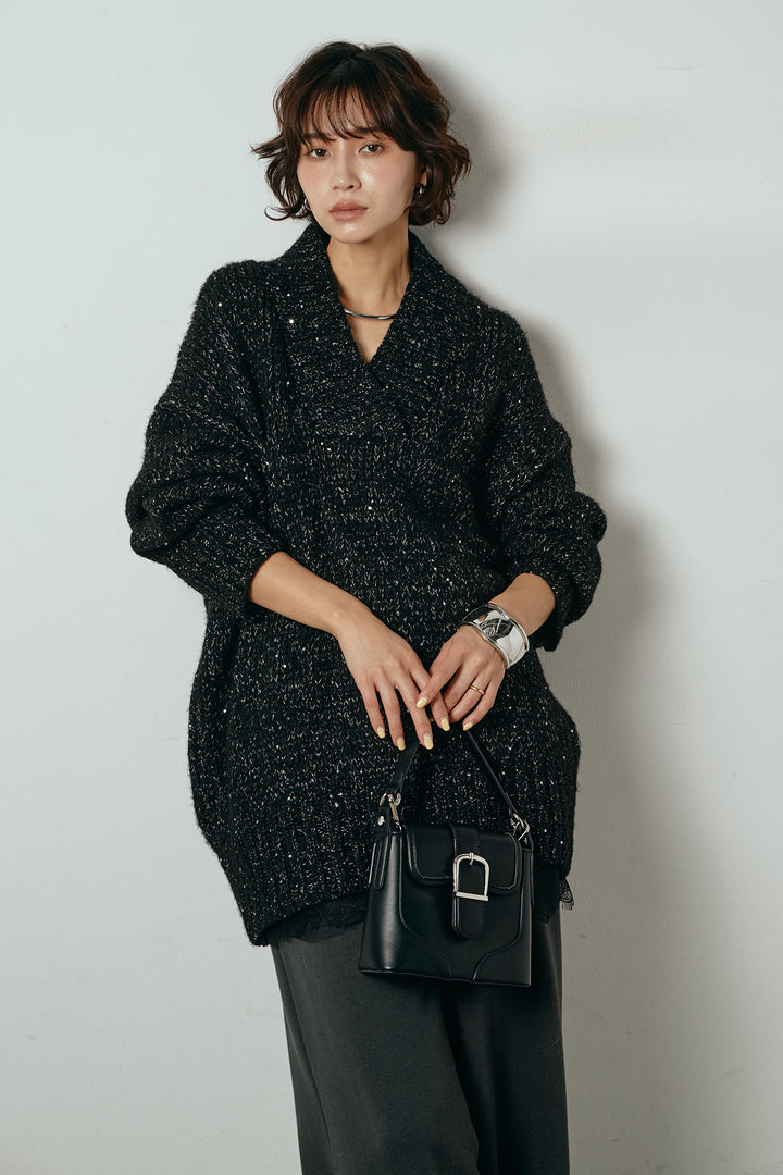 [SET]Vネックラメニットトップス+裏起毛スウェットワイドパンツ(2set)