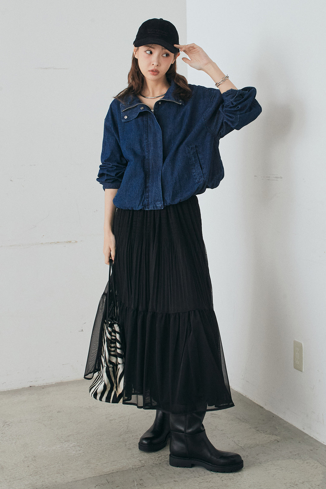 [SET]スタンドカラーデニムブルゾンジャケット+ボリュームシルエットチュールスカート(2set)