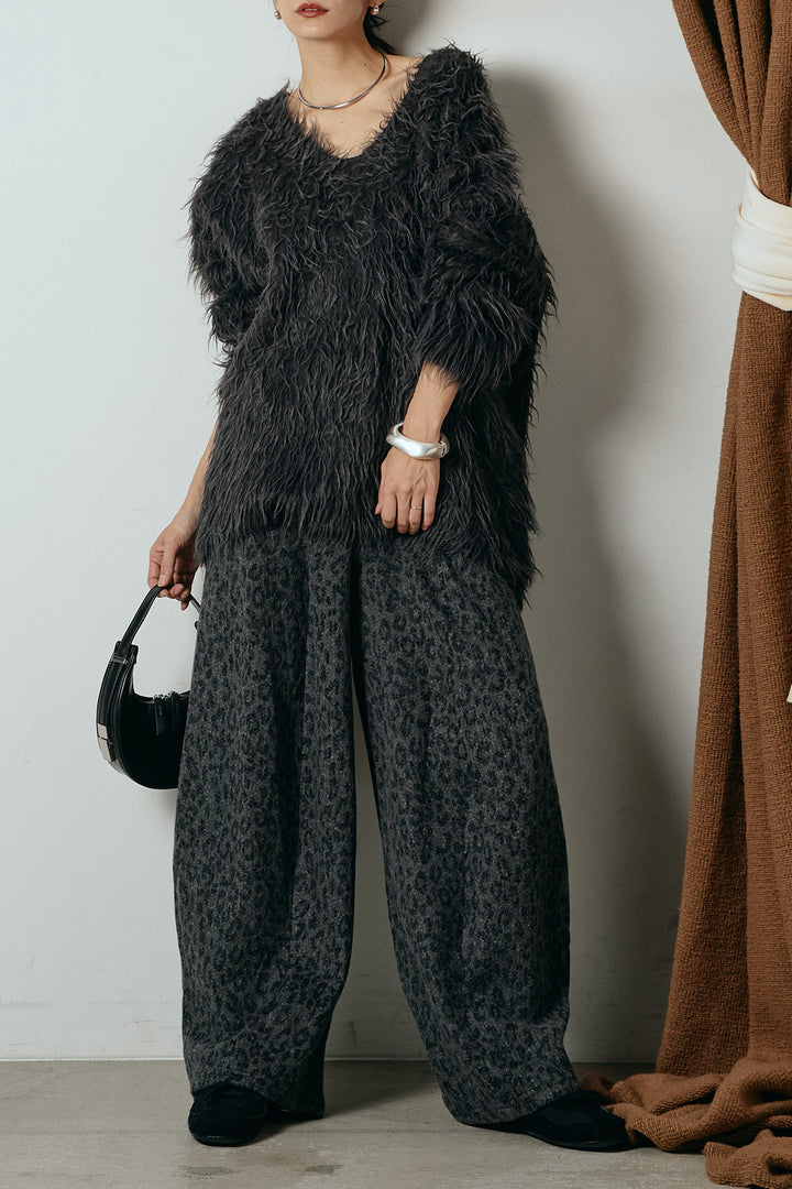 [SET]深Vネックシャギーニットトップス+リラックスレオパード柄ワイドパンツ(2set)