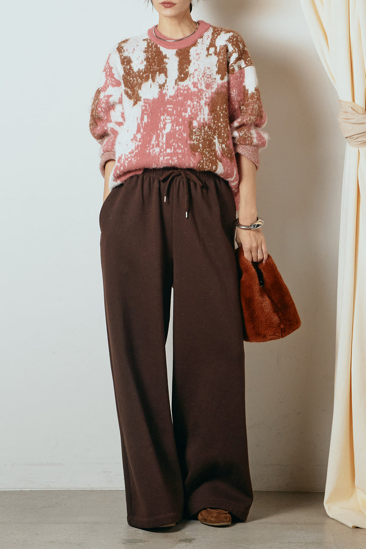 [SET]起毛ニュアンス柄ニットプルオーバー+裏起毛スウェットワイドパンツ(2set)