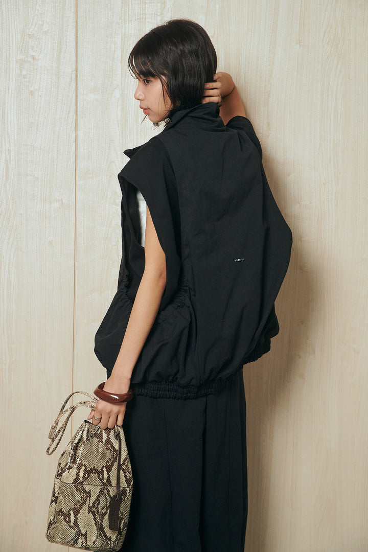 [SET]ショルダー切替スタンドネックジップベスト+コットンポリツータックセンターシームカーブパンツ(2set)