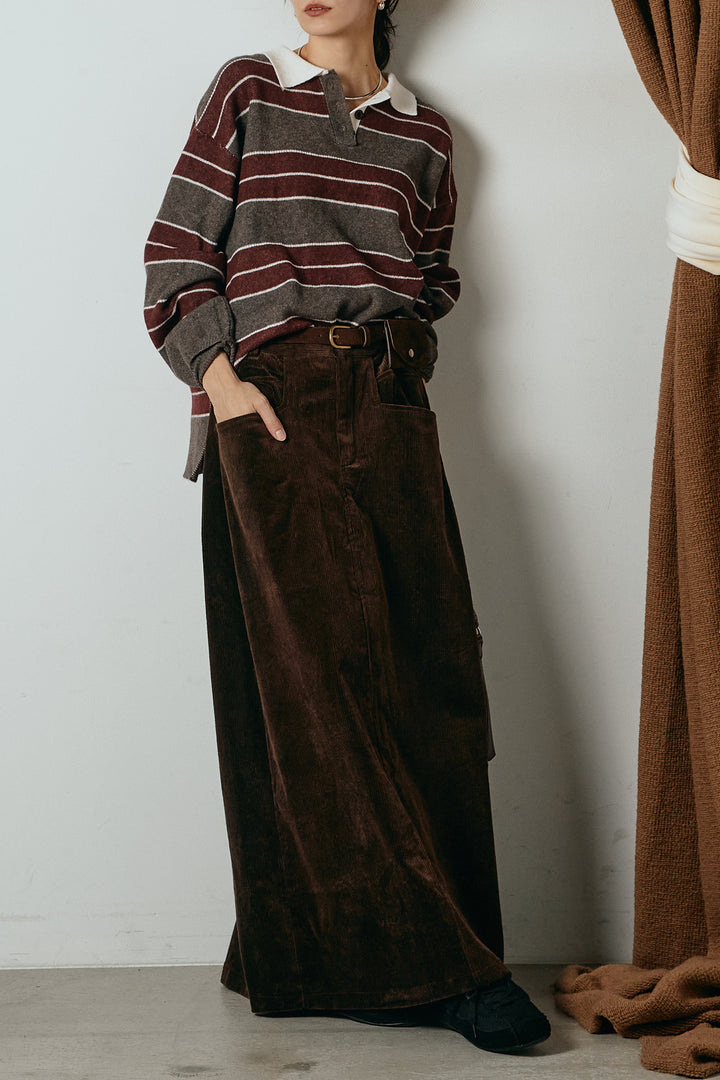 [SET]ラガーニットボーダーポロプルオーバー+ポーチベルト付きコーデュロイワイドスカート(2set)