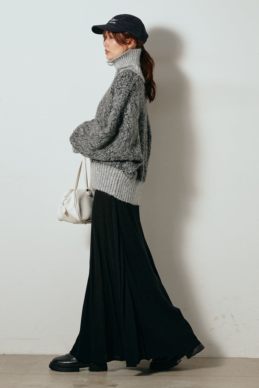 [SET]ハイネックミックスニットトップス+サイド切り替えリブニットロングスカート(2set)