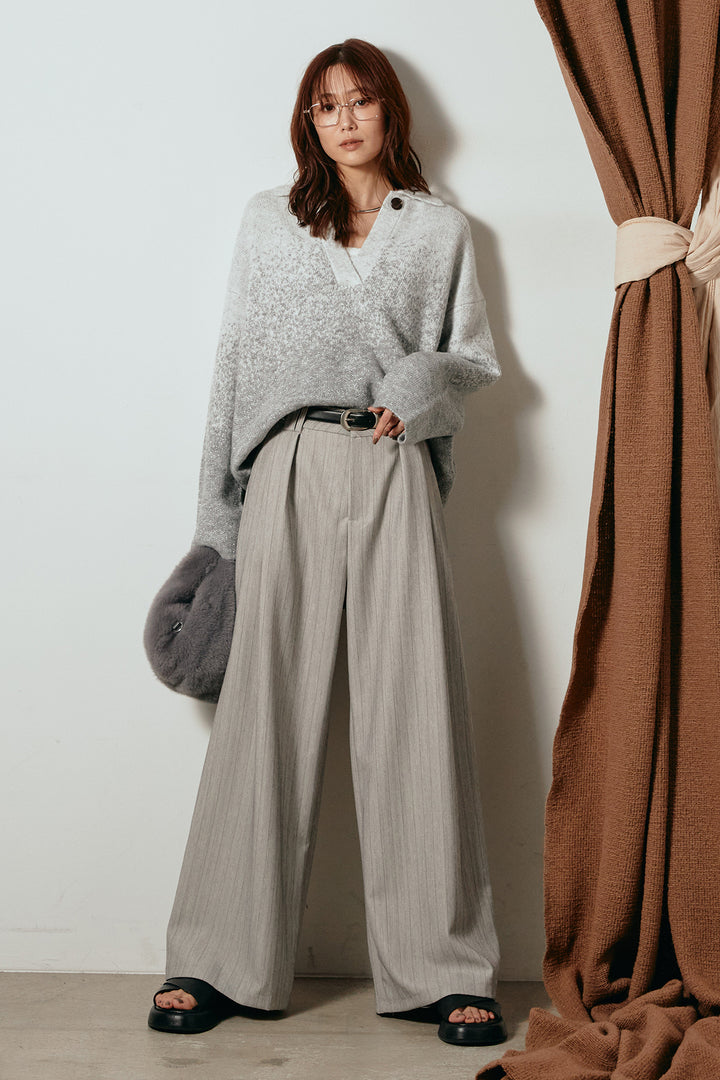 [SET]グラデーションラメニットキーネックプルオーバー+ストライプヘリンボーンパンツ(2set)