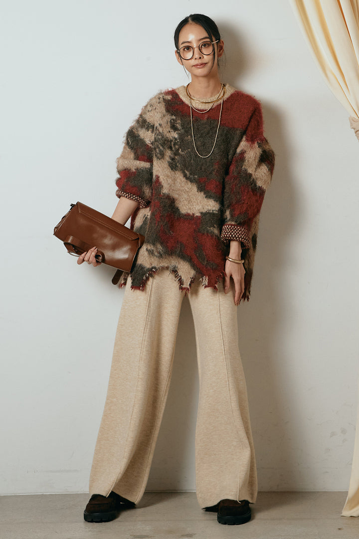 [SET]起毛裾デザインニュアンス柄ニットトップス+センターラインニットパンツ(2set)