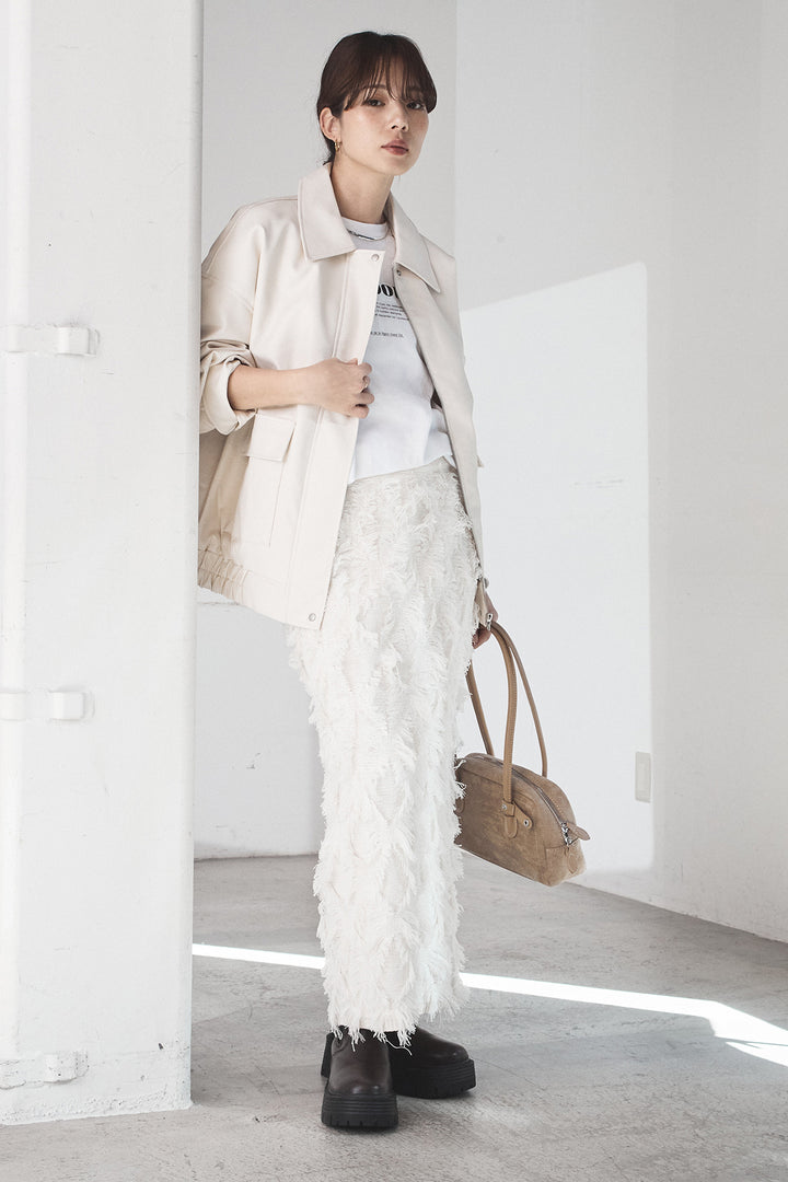 [SET]レザーライクオーバーサイズブルゾン+カットフリンジニットタイトスカート(2set)