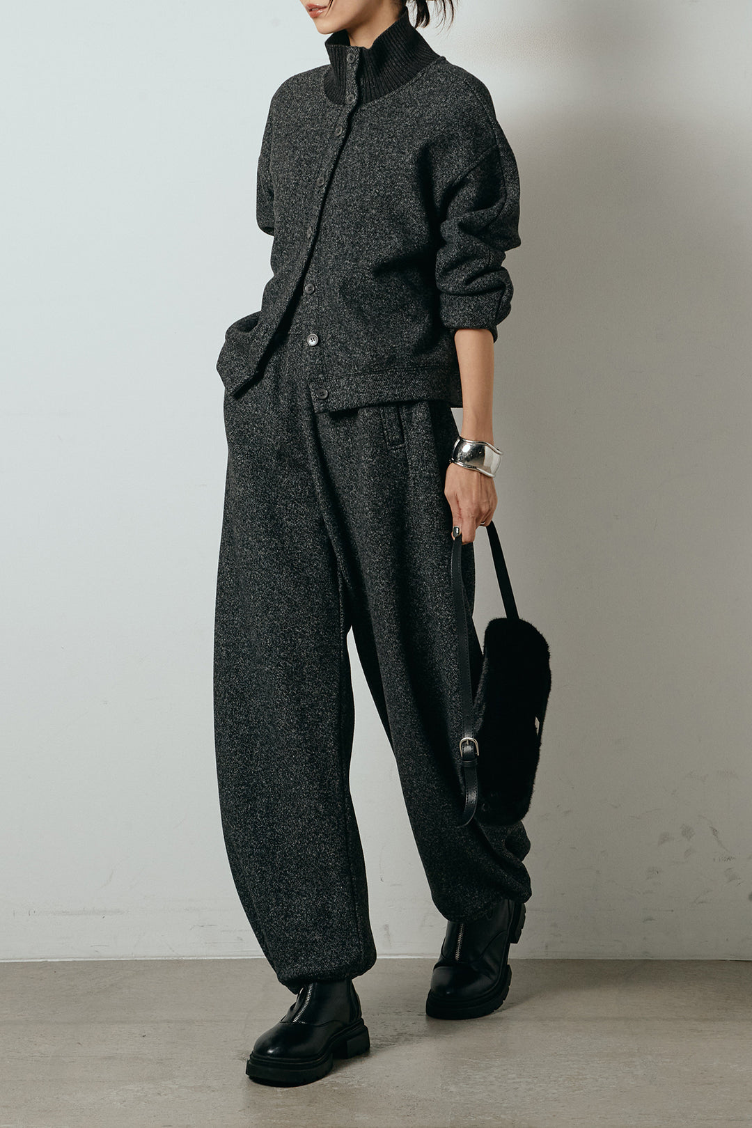 [SET]リブスタンドネックボタントップスSETUP