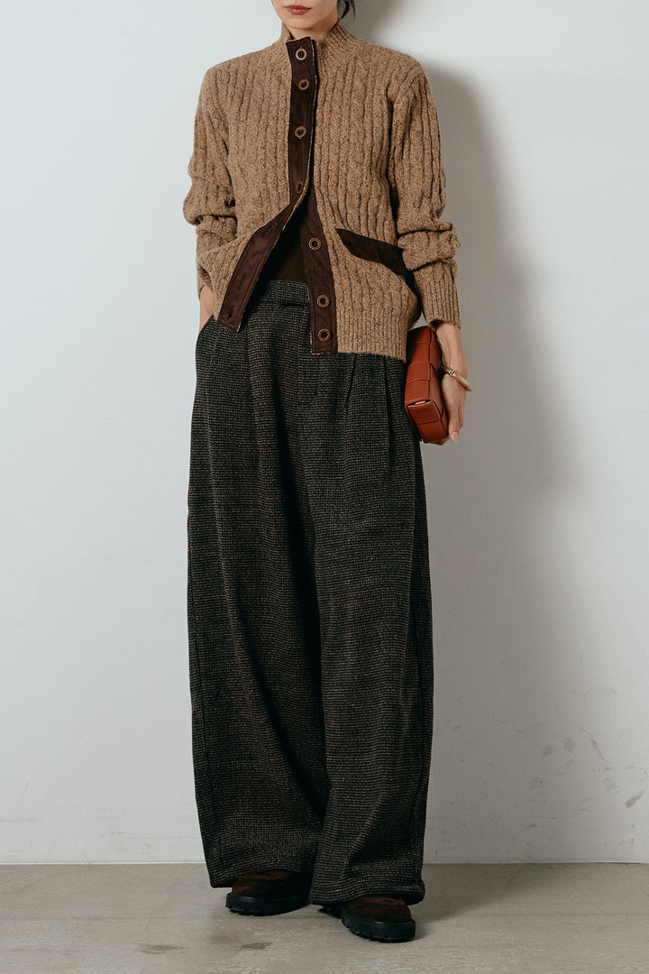 [SET]ボトルネックケーブルニットカーディガン+起毛タック入りツイードワイドパンツ(2set)