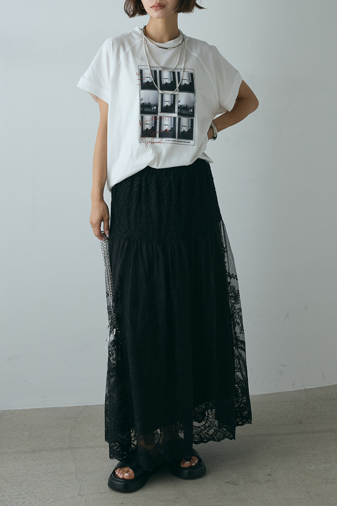 [SET]フォトプリントラグランTシャツ+ミックスレース刺繍スカート(2set)