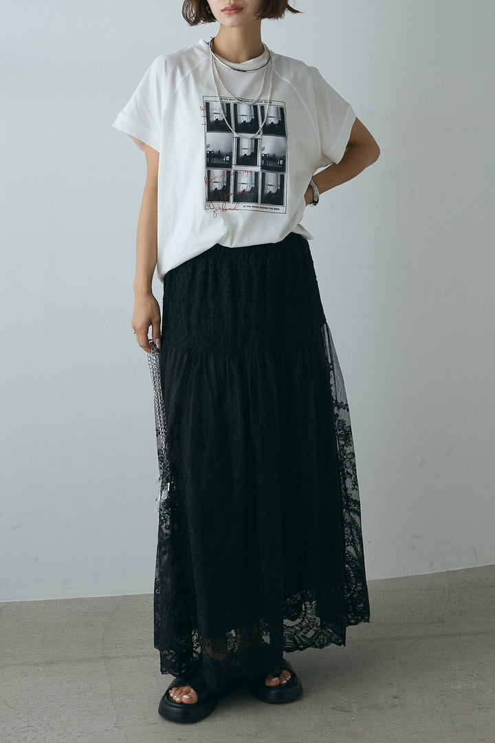 [SET]フォトプリントラグランTシャツ+ミックスレース刺繍スカート(2set)
