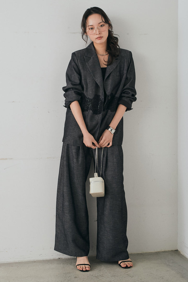 [SET]リネンタッチレースデザインジャケット+リネンタッチ細ベルト付きワイドパンツ(2set)