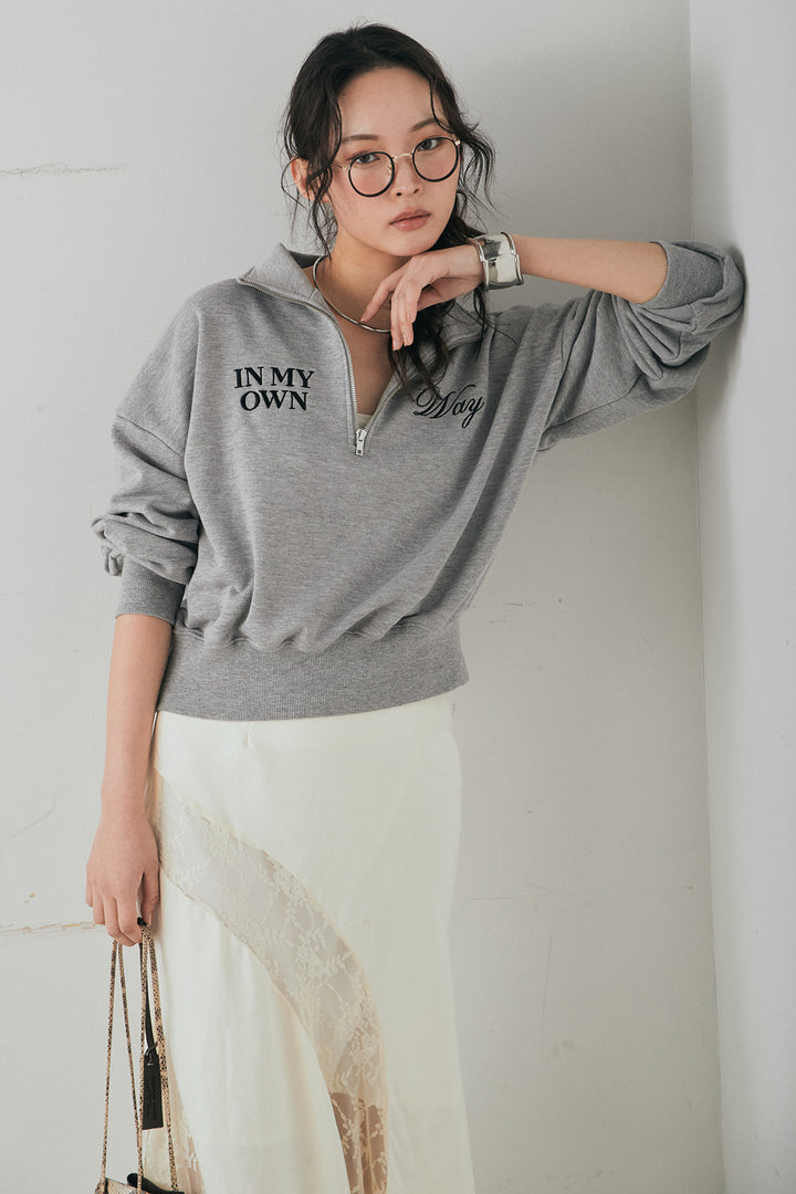 [SET]裏毛ロゴ刺繍ハーフZIPスウェット+刺繍レースデザインサテンスカート(2set)