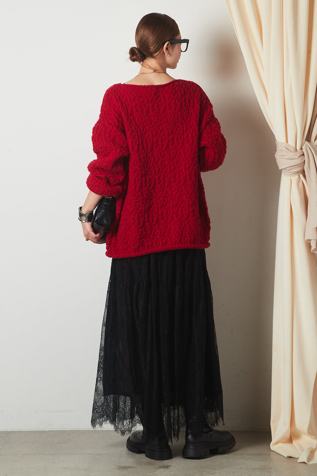 [SET]ボリューム編みニットプルオーバー+ひげレース切替ロング丈スカート(2set)