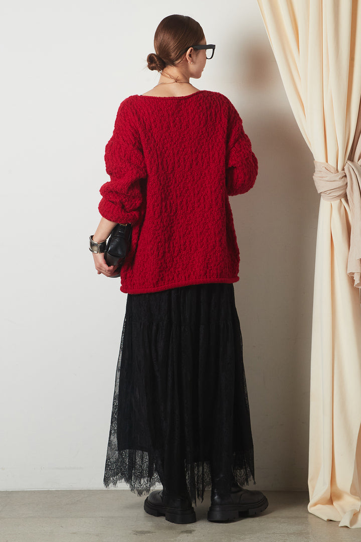 [SET]ボリューム編みニットプルオーバー+ひげレース切替ロング丈スカート(2set)