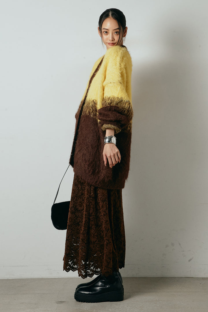 [SET]起毛グラデーションニットカーディガン+花柄刺繍ベロアフレアスカート(2set)