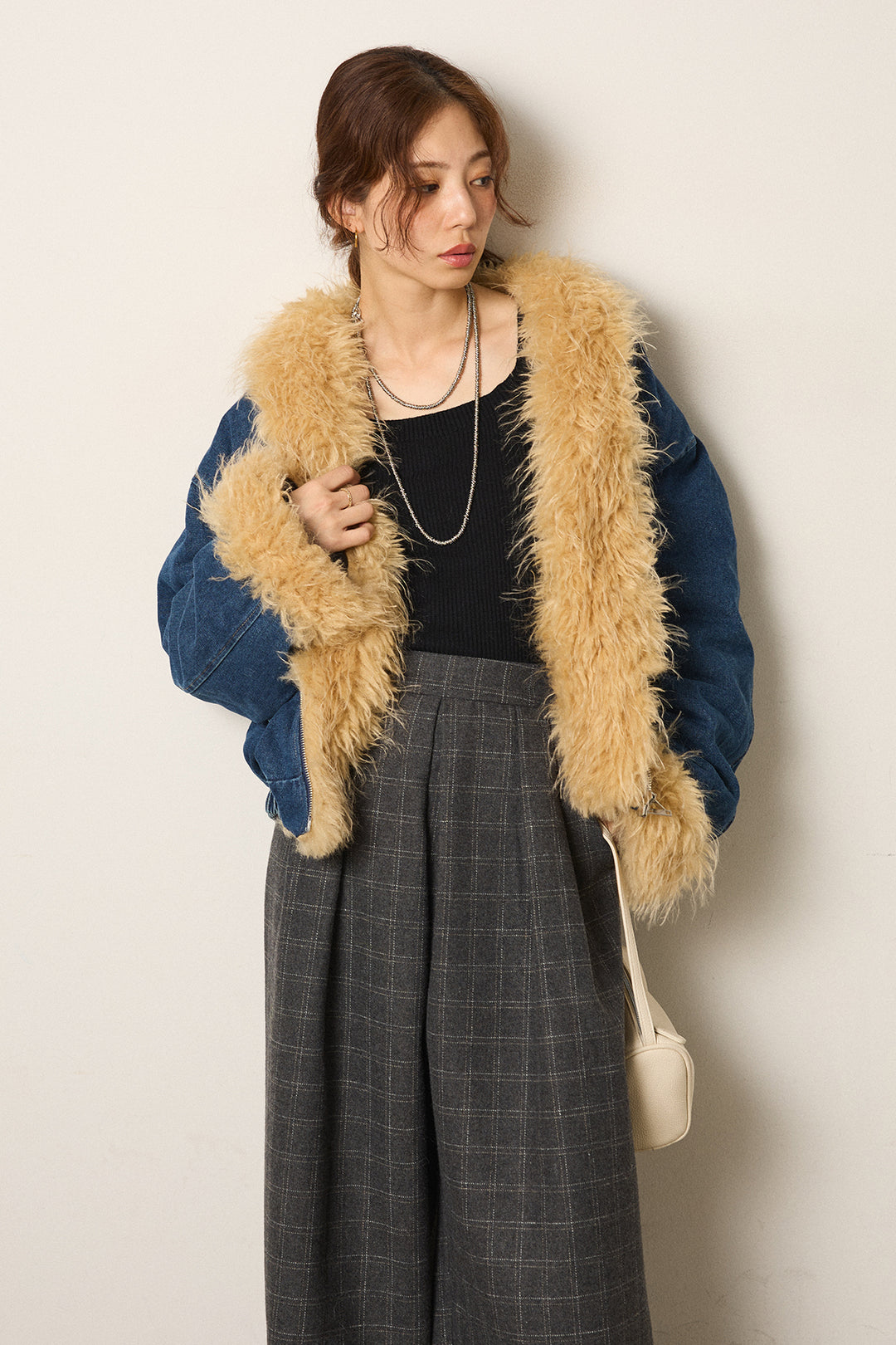 [SET]エコファーデニムボアジャケット+ウールライクチェックタックパンツ(2set)