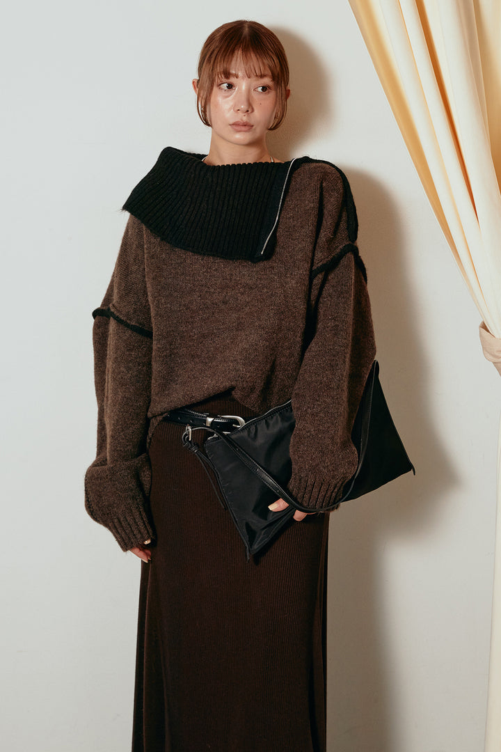 [SET]ハイネックジップデザインニットトップス+サイド切り替えリブニットロングスカート(2set)