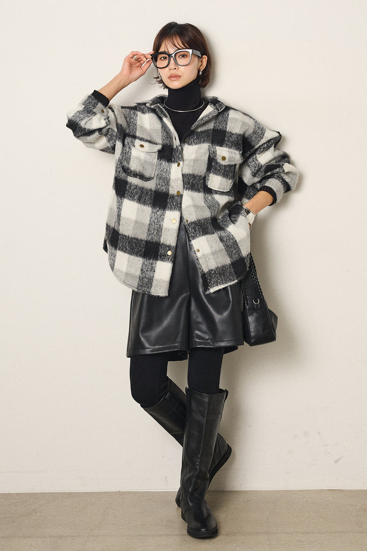 [SET]起毛チェック柄ポケットアウター+ストレッチエコレザーバミューダパンツ(2set)