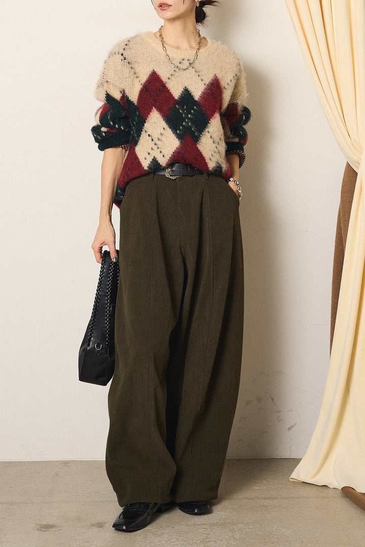 [SET]配色アーガイル柄ニットトップス+ベルト付きコーデュロイワイドパンツ(2set)