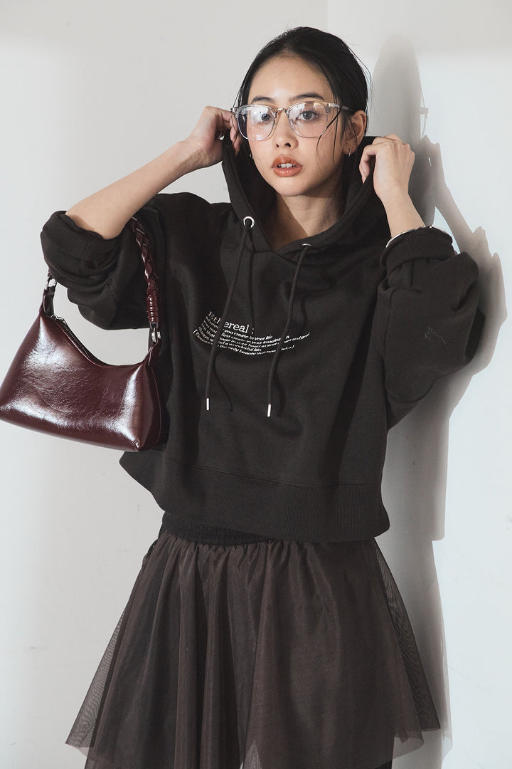 [SET]裏起毛レタリング刺繍フーディショートプルオーバー+チュールレイヤードニットパンツ(2set)