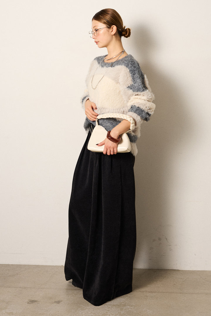 [SET]シャギーウェーブ柄クルーネックニットトップス+ベルトループコーデュロイワイドパンツ(2set)