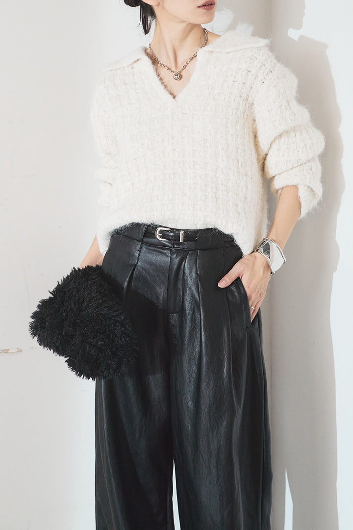 [SET]襟付きVネックニットトップス+ベルト付きレザーライクタックパンツ(2set)